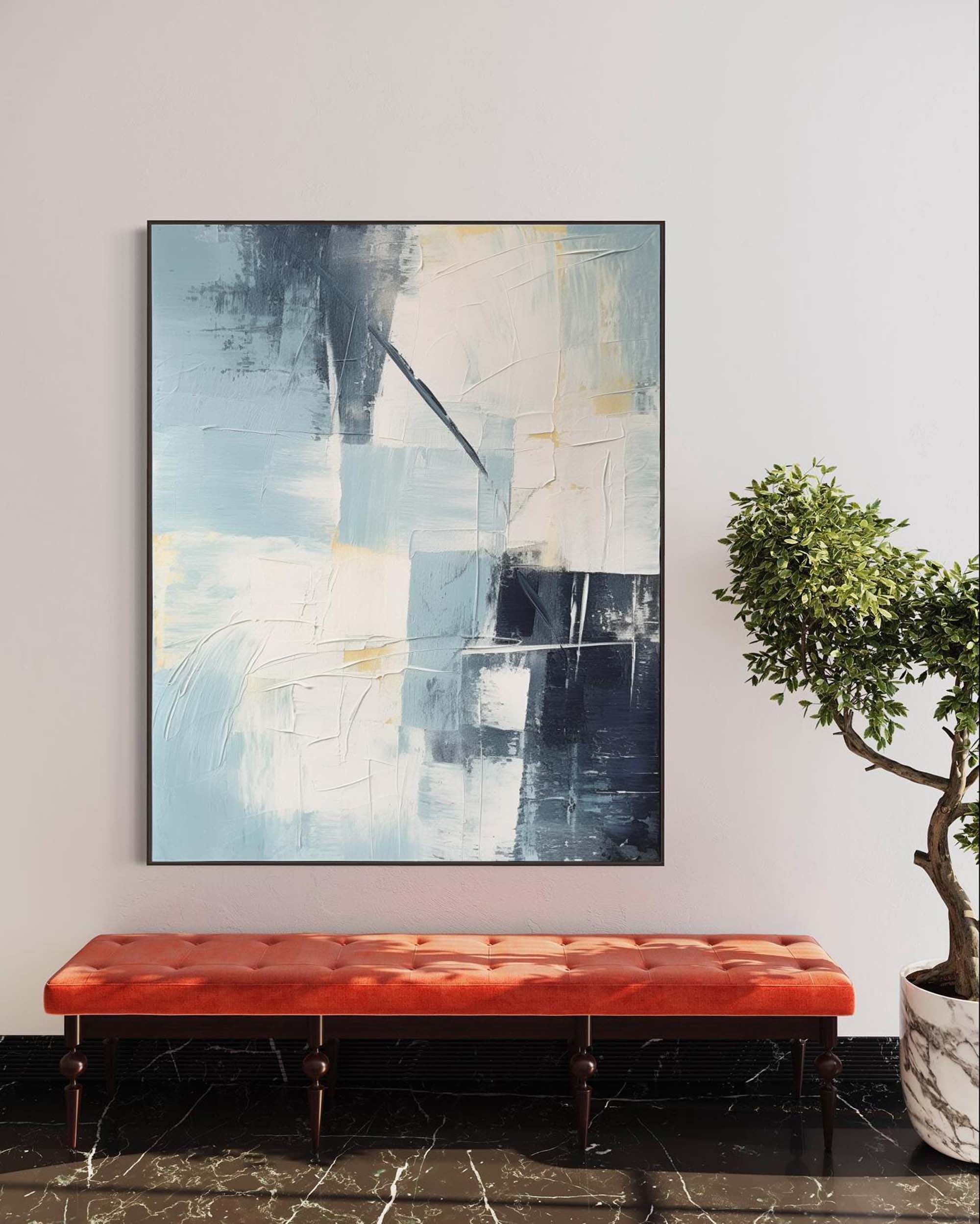Large Blue Minimalist Canvas Wall Art Gray Blue Texture Painting Blue Living Room Minimalist Wall Decor
