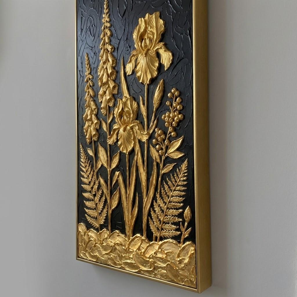 3D Textured Foxglove Iris And Fern Wall Art, Luxury Dark Forest Decor For Entryway