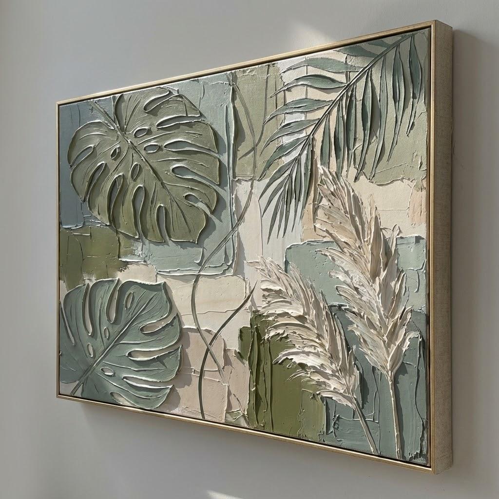 Sage Green Textured Botanical Art 3D Boho Monstera & Palm Canvas Painting