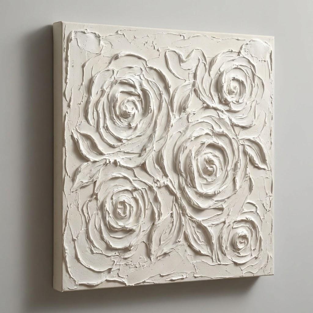 Square 3D Textured Rose Canvas With Gold Floating Frame Elegant Minimalist Decor For Bedroom