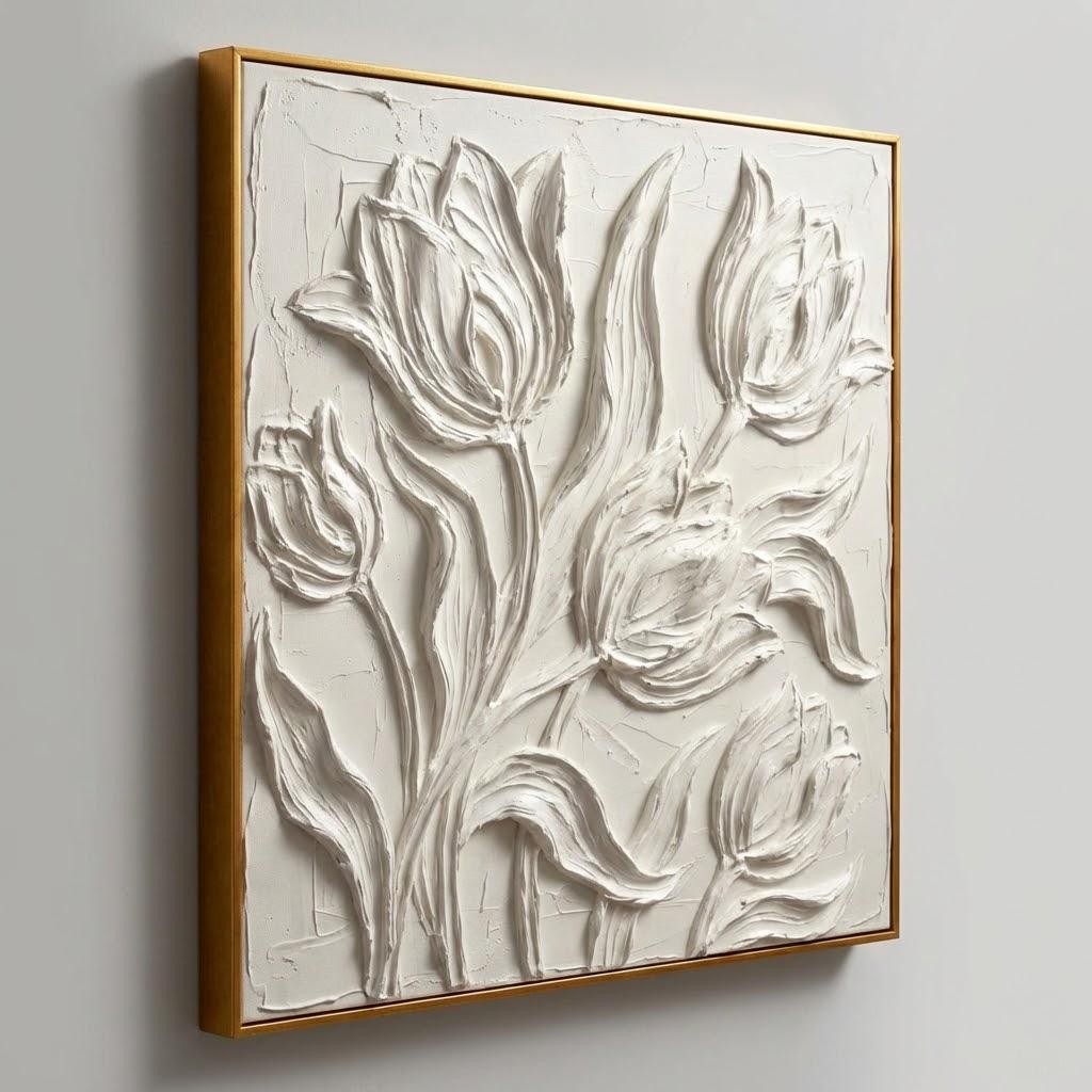 White Tulip Oil Painting, Square 3D Textured Floral Canvas With Gold Floating Frame