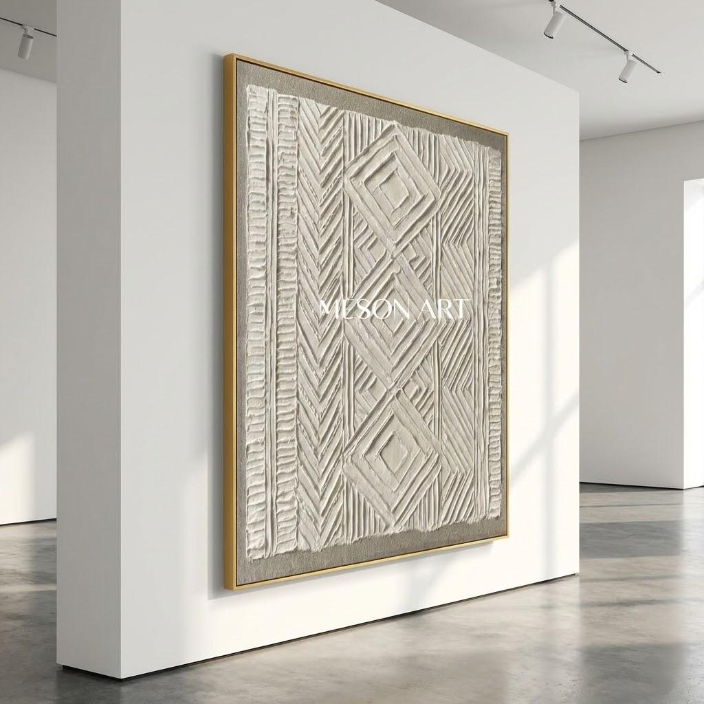 Vertical White Tribal Geometric Art Framed Boho 3D Texture Modern Boho Decor For Entryway & Hallway
