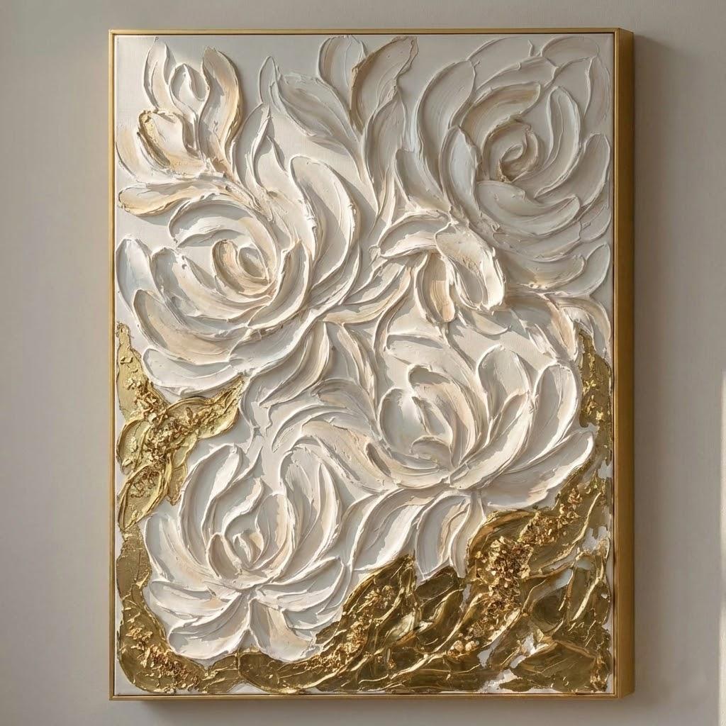 Handmade 3D Flower Oil Painting White Rose Plaster Abstract Canvas Art