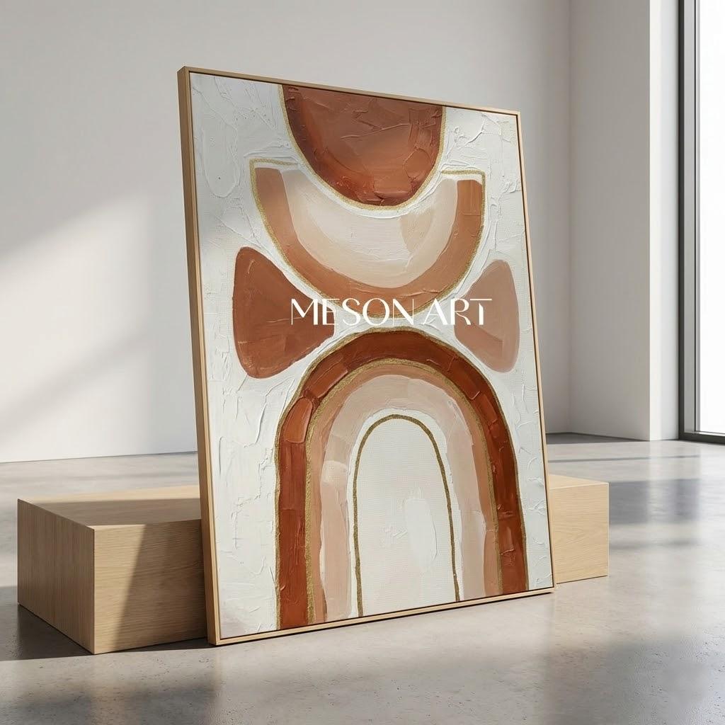 Terracotta & Blush Geometric Arch Art | Boho Rainbow Canvas with Gold Lines