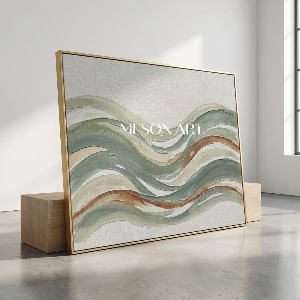 Sage Green & Rust Wavy Abstract Art Textured Modern Coastal Canvas Painting