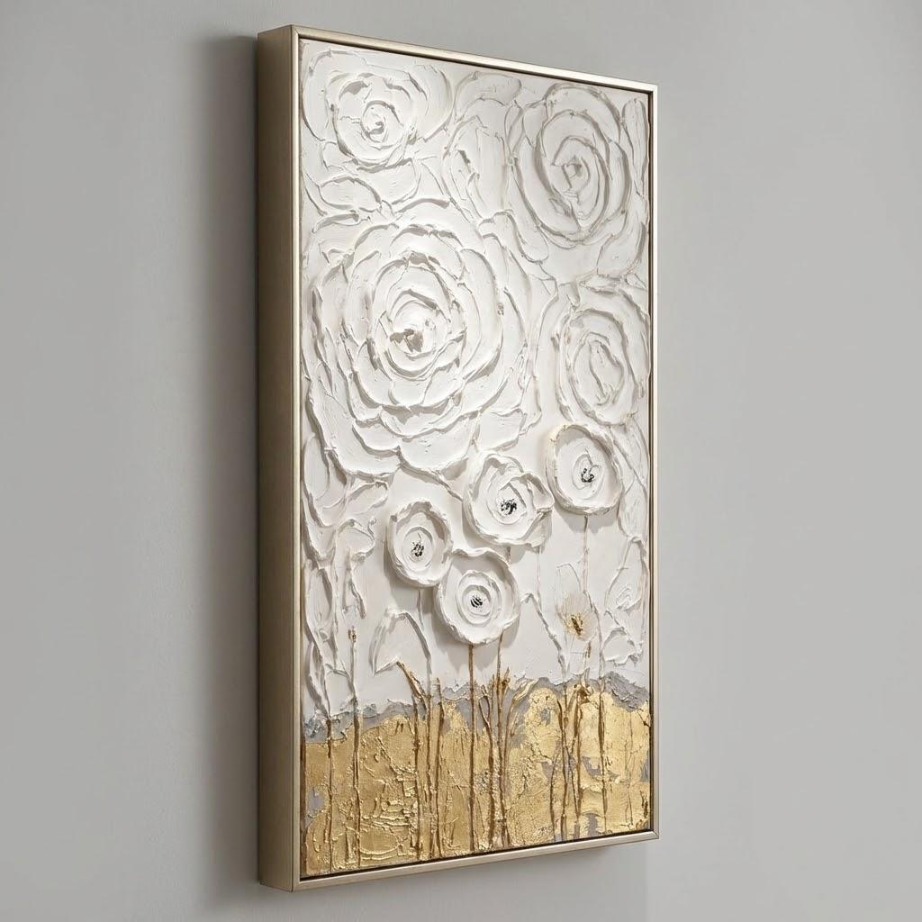 Large 3D Plaster Floral Art on Canvas Flower Textured Wall Decor