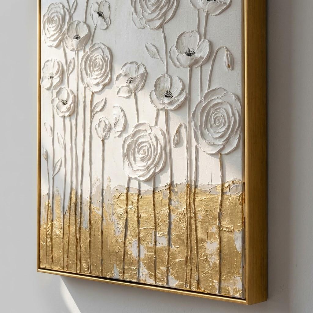 Elegant Bedroom Headboard Decor White Rose Plaster Abstract Canvas Art