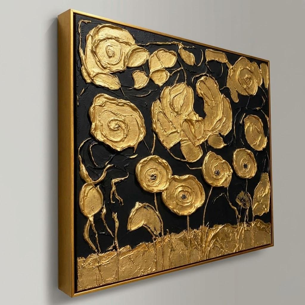 Black And Gold 3D Textured Flower Art | Luxury Canvas Painting