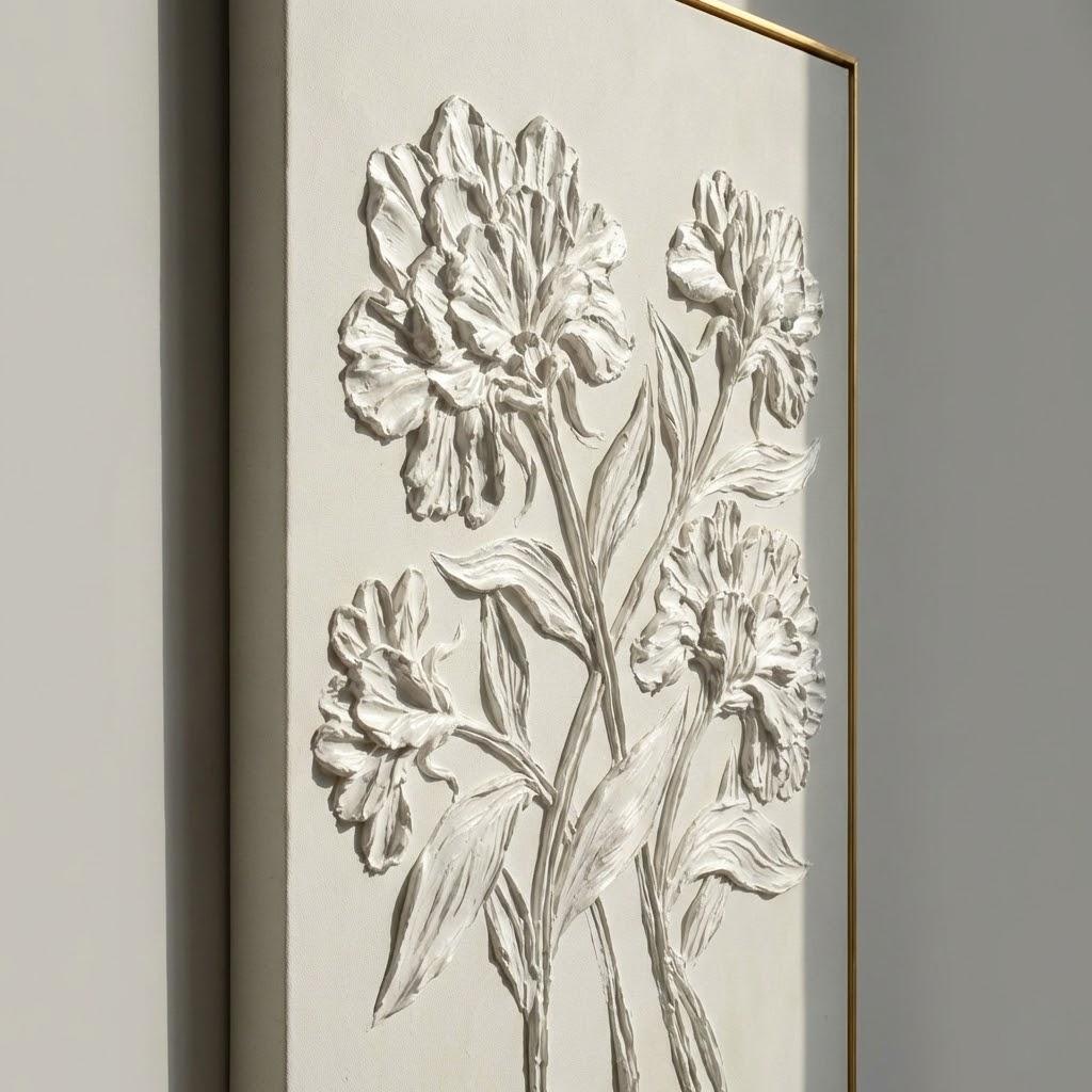 White Peony Oil Painting Flower Textured Wall Art Plaster Canvas Art