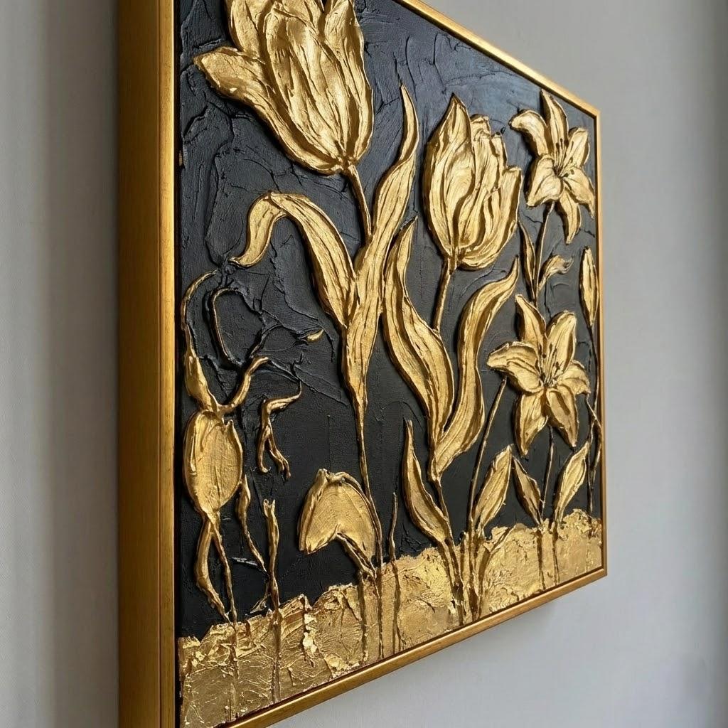 Handmade Black And Gold Tulip Oil Painting Luxury Canvas Painting