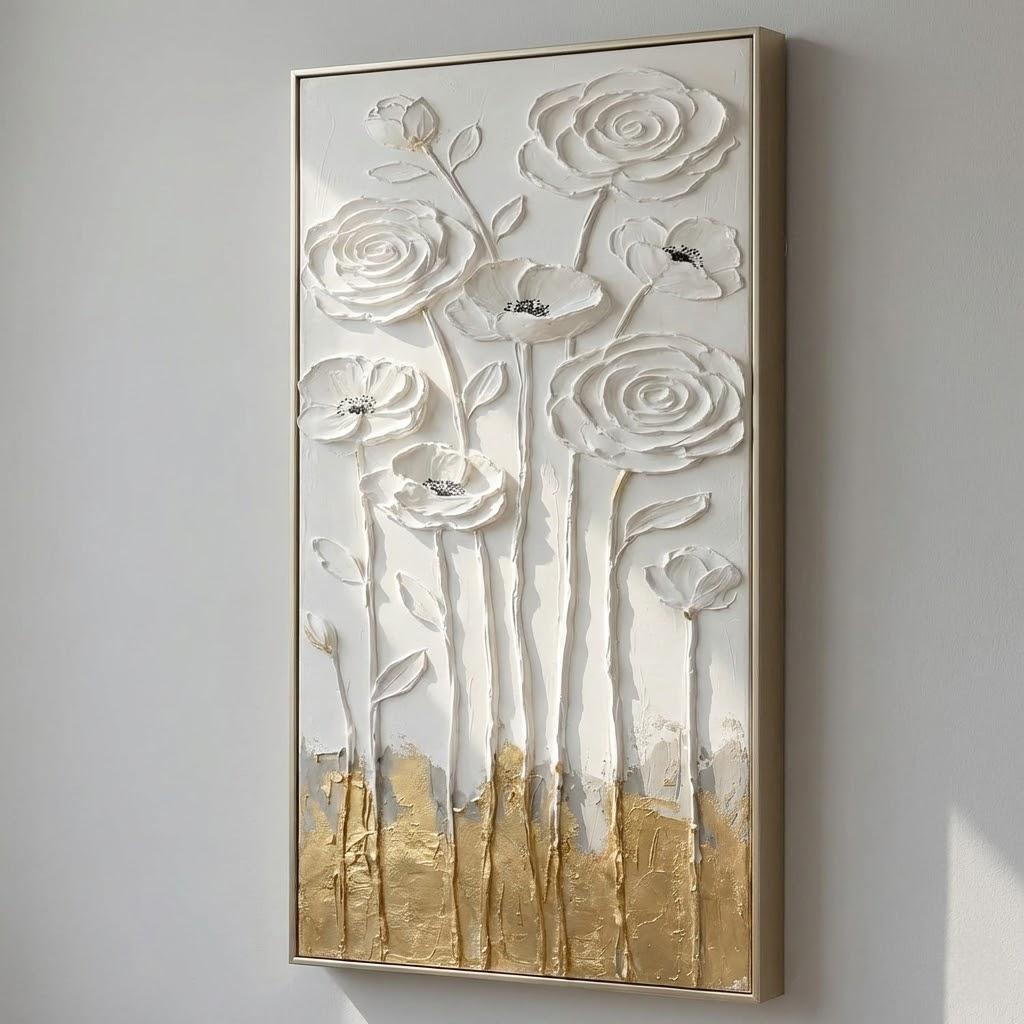 Large Plaster Floral Art on Canvas Textured Minimalist Wall Decor