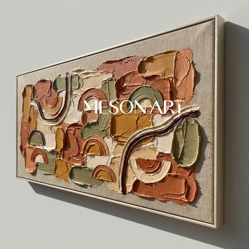 Bohemian Minimalist Oil Painting Abstract Textured Art With Arched Lines.