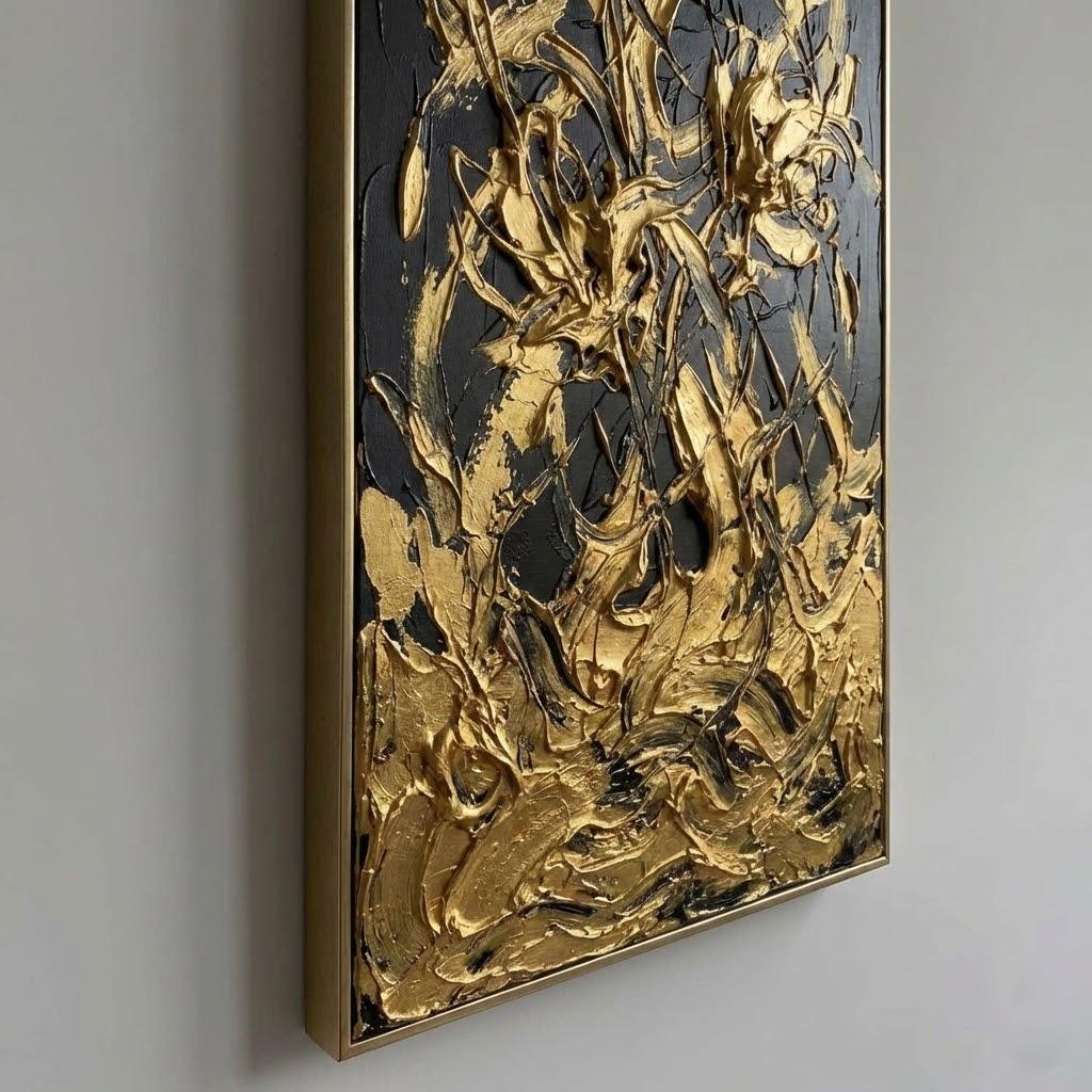 3D Gold and Black Abstract Textured Painting, Abstract Floral Canvas Art