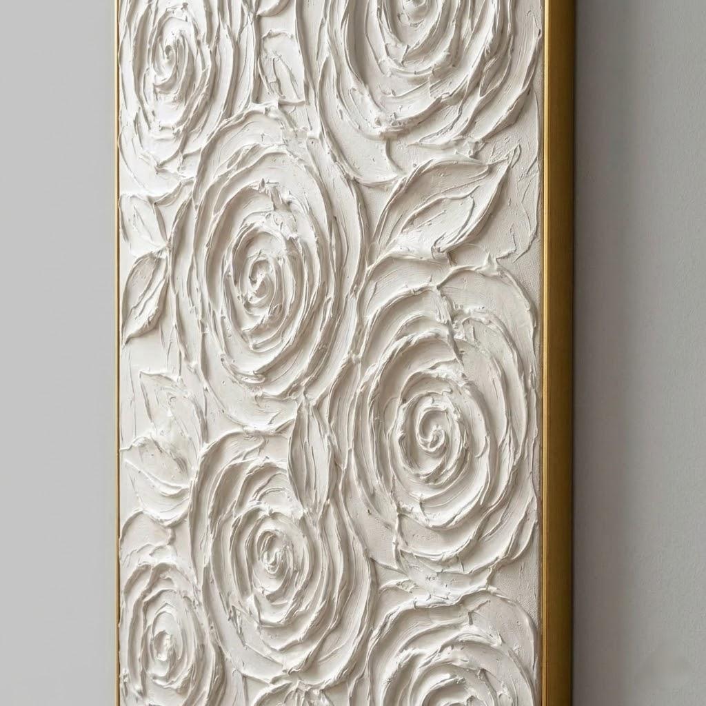 Vertical Gold Framed 3D White Rose Paintings Abstract Textured Wall Decor