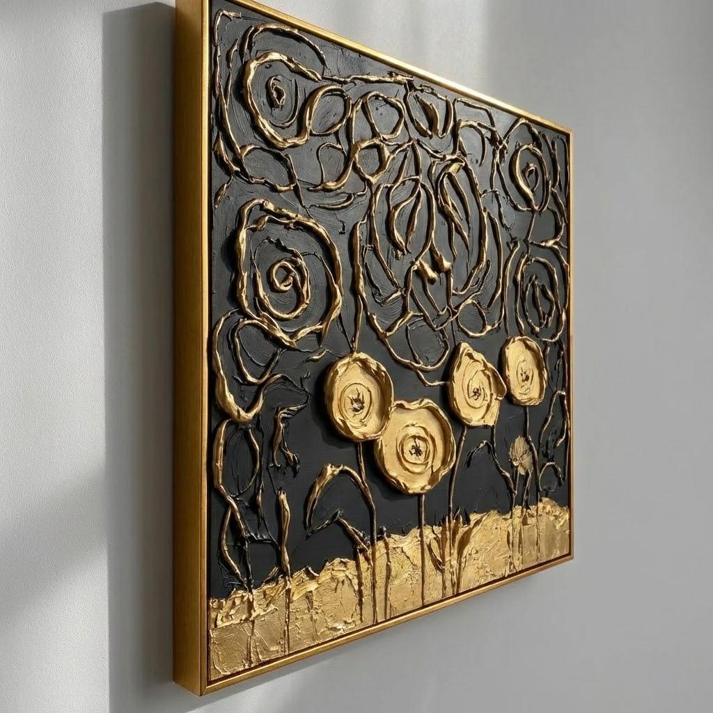 Black And Gold Abstract Rose Swirl Art | 3D Line Texture Decor