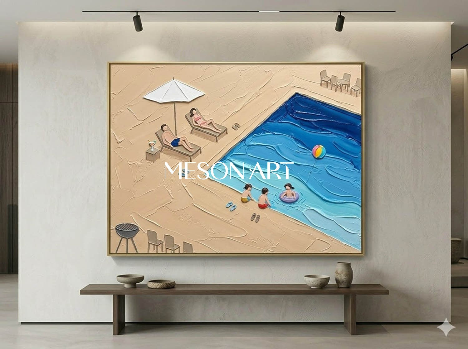 Summer Vacation Poolside Living Room Bedroom Decor Pool Family Impasto Painting Textured Wall Art