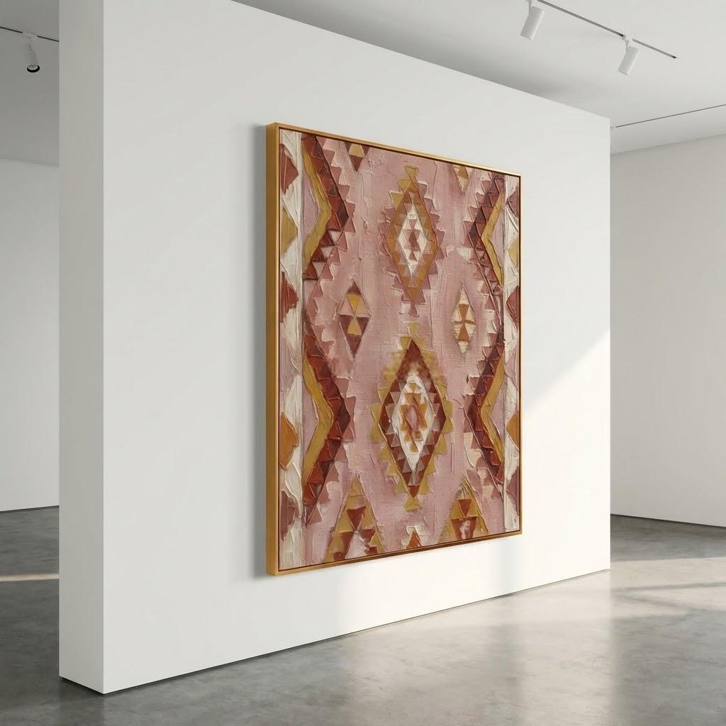 Handmade Boho Geometric Oil Painting, 3D Textured Pink And Mustard Tribal Pattern Canvas