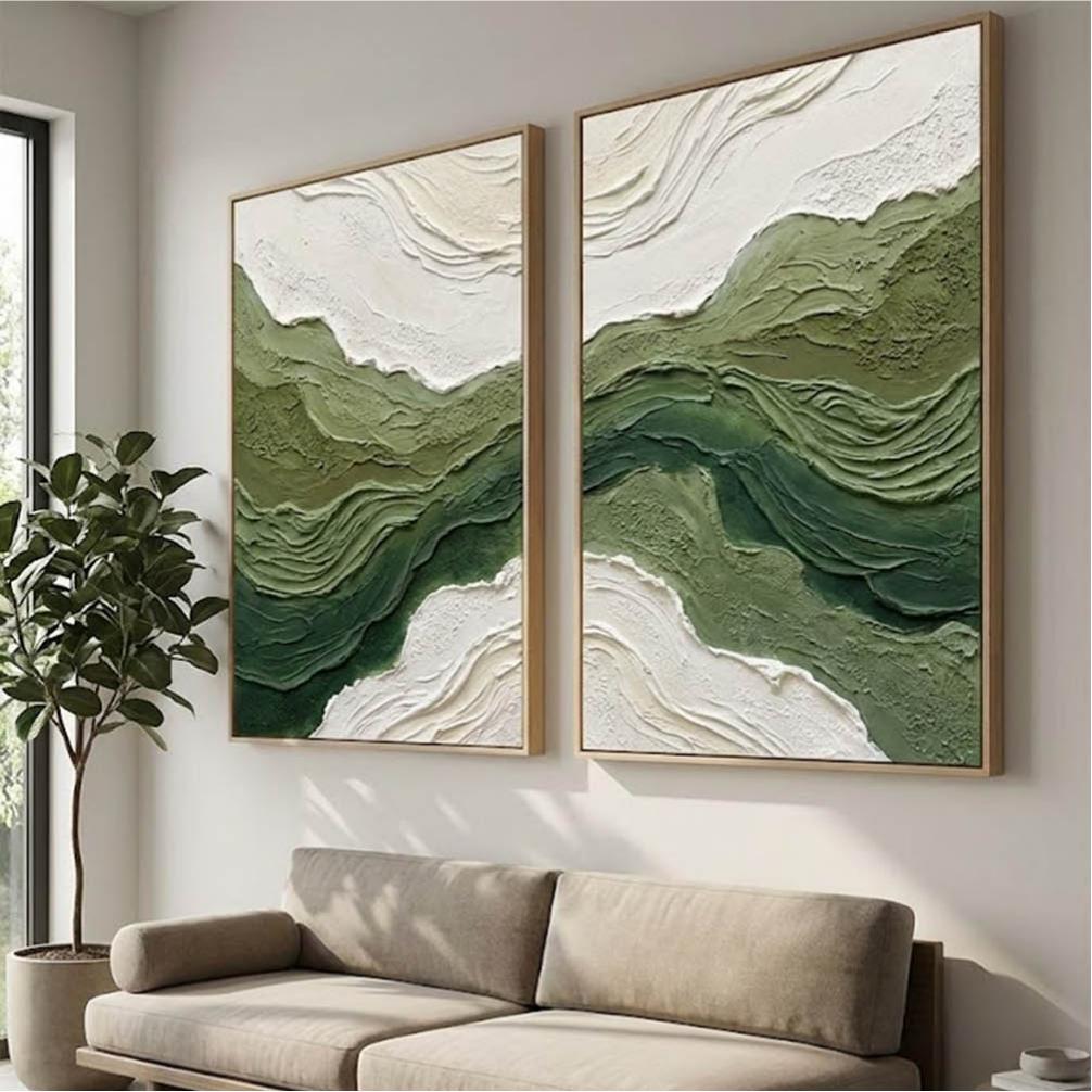 2-Piece Set Of Green Wave Living Room Painting Green Abstract Canvas Wall Art Decoration