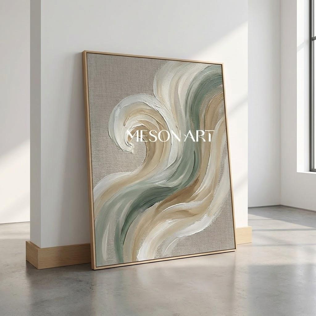 Vertical Sage Green & Beige Wave Art | Textured Modern Coastal Abstract Canvas