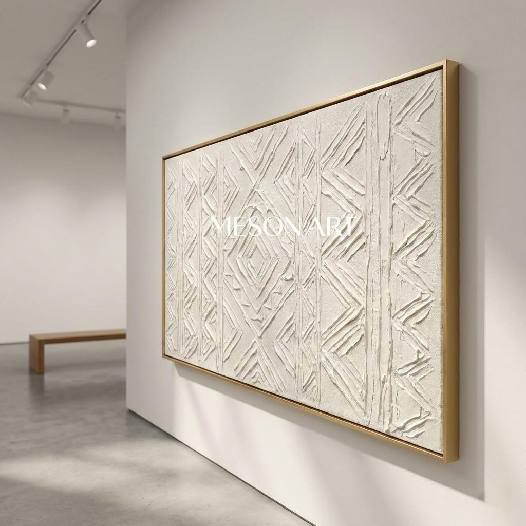 Panoramic White Tribal Geometric Art | 3D Boho Mudcloth Texture