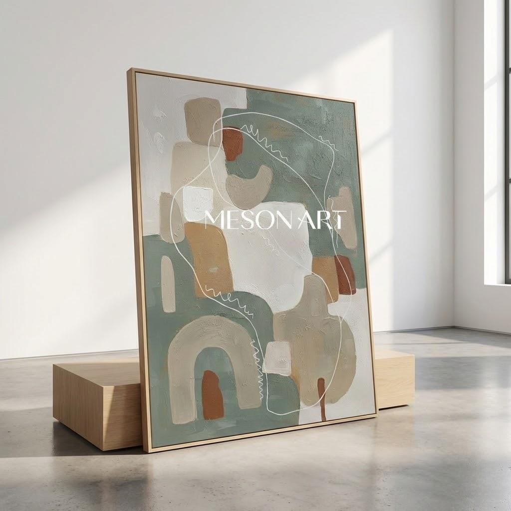 3D Sage Green Abstract Art Organic Boho Canvas with White Sketch Lines