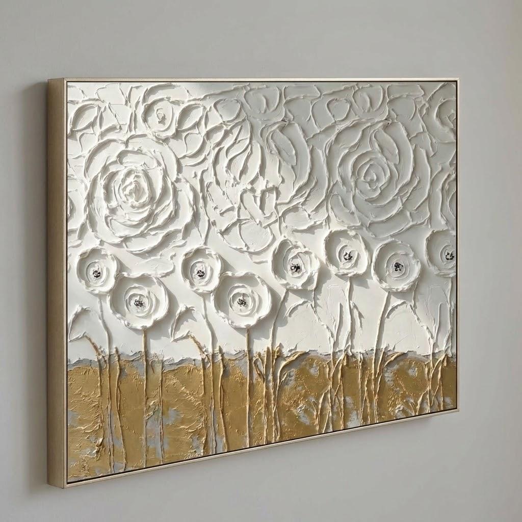 3D Gold and White Floral Textured Painting on Plaster Canvas Art