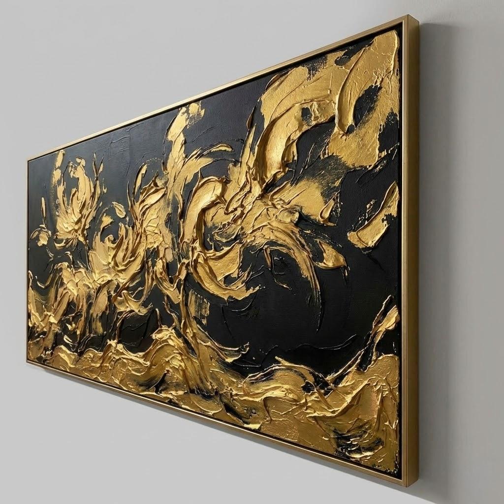 Panoramic Black And Gold Abstract Flower Art 3D Abstract Texture Decor