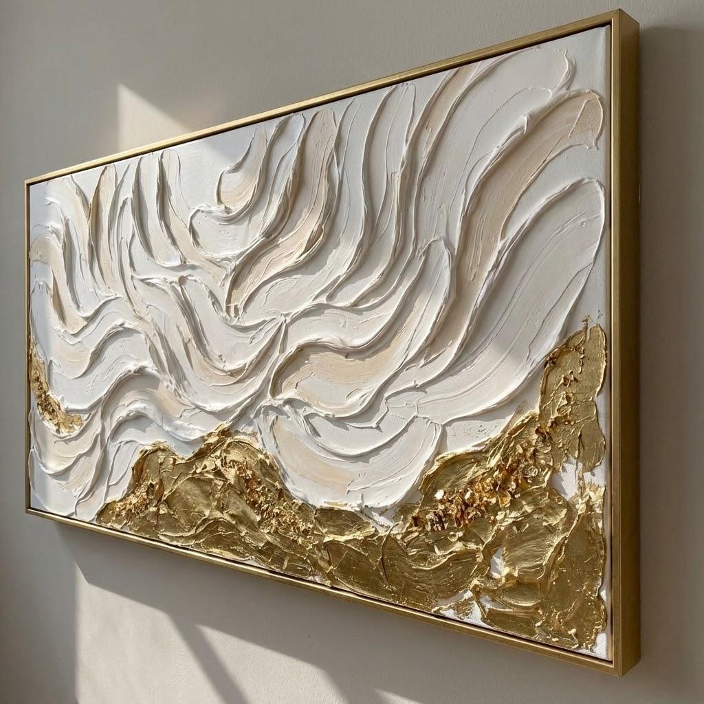 Panoramic 3D Textured Abstract Canvas Art | Gold Wave Wall Decor