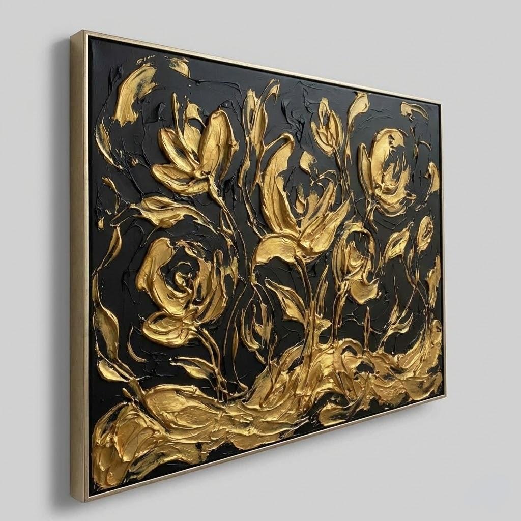 Horizontal Black And Gold Abstract Sketch Art | 3D Floral Line Decor