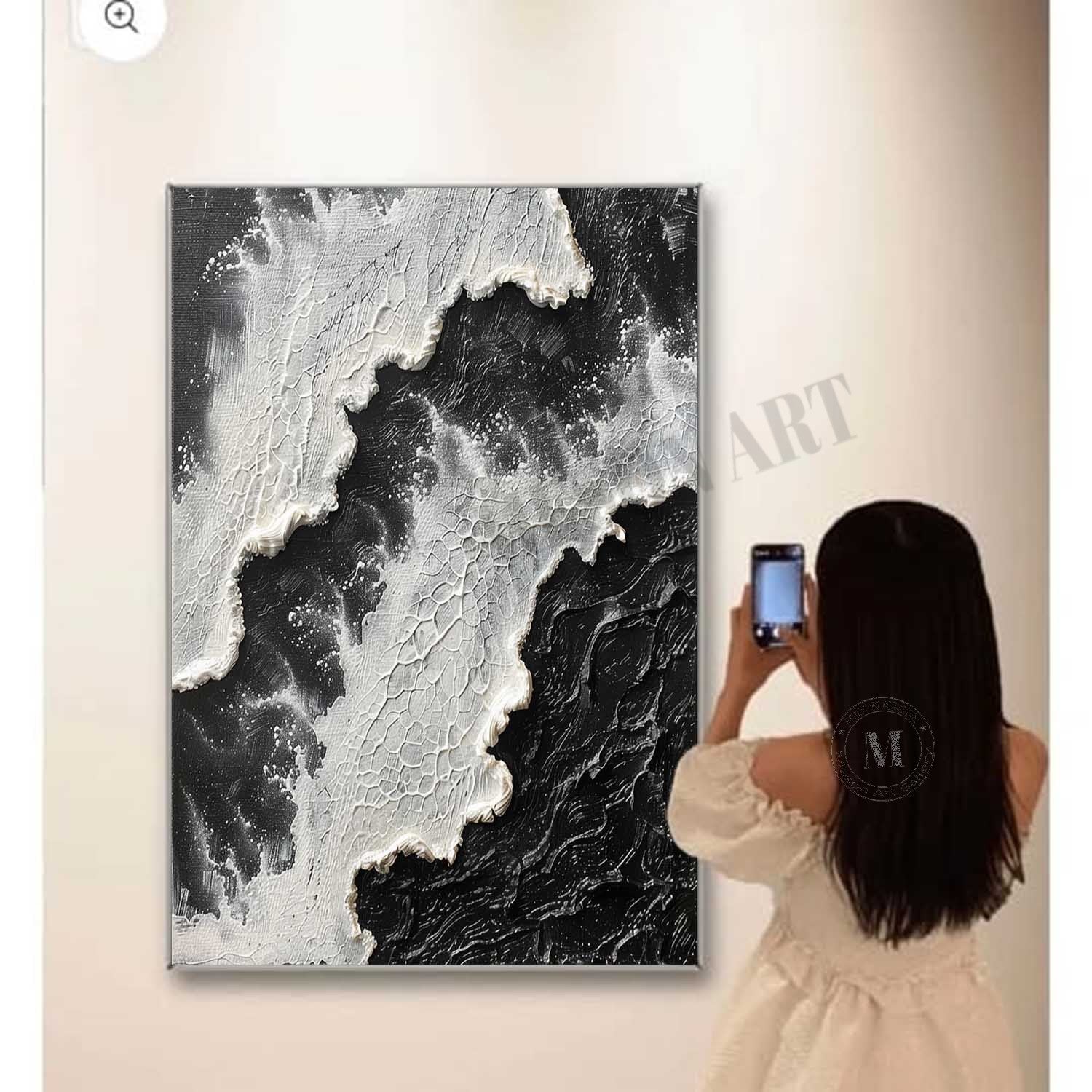 3D Black and White Ocean Texture Painting for Sale Black and White Abstract Ocean Wall Art