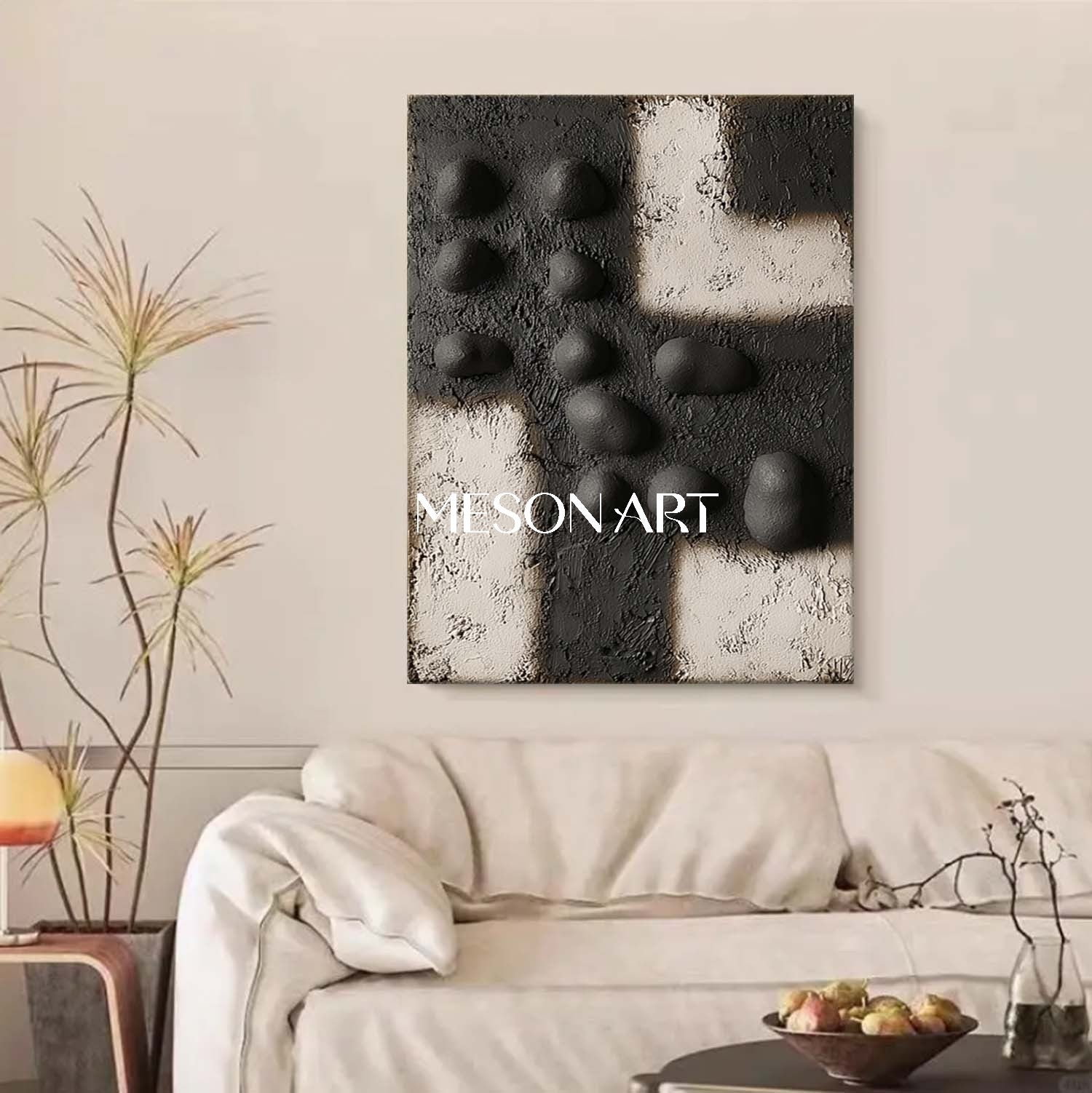 Modern Black & White 3D Wall Art – Large Textured Canvas for Minimalist Living Rooms, Office Spaces