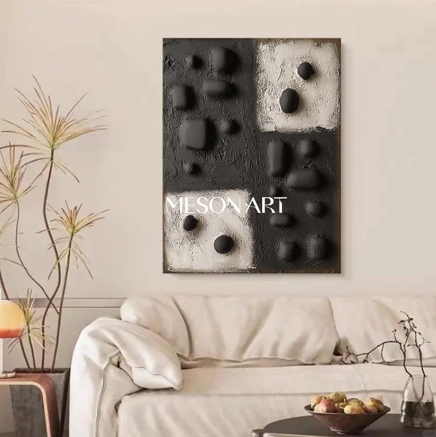 Oversized 3D Textured Abstract Painting – Black and White Canvas Artwork for Luxury Homes