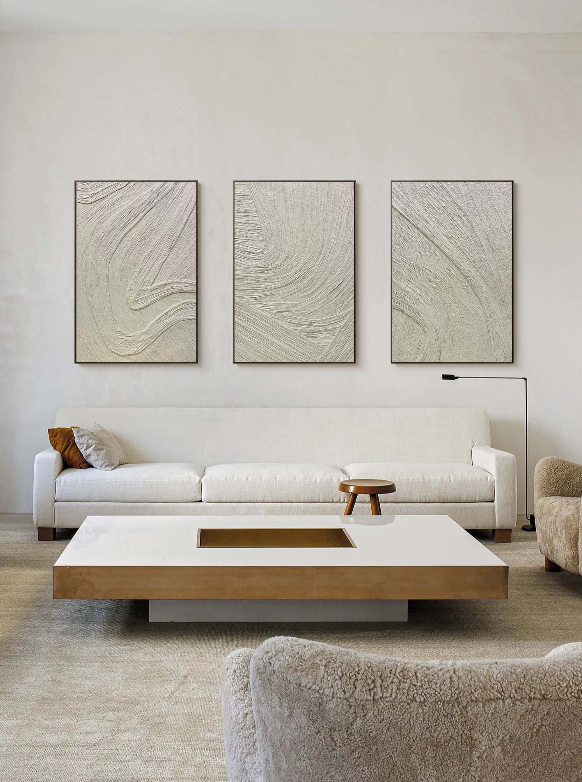 Beige Minimalist Abstract Painting Set of 3 3D Plaster Art Set of 3 3D Textured Canvas Art Set of 3