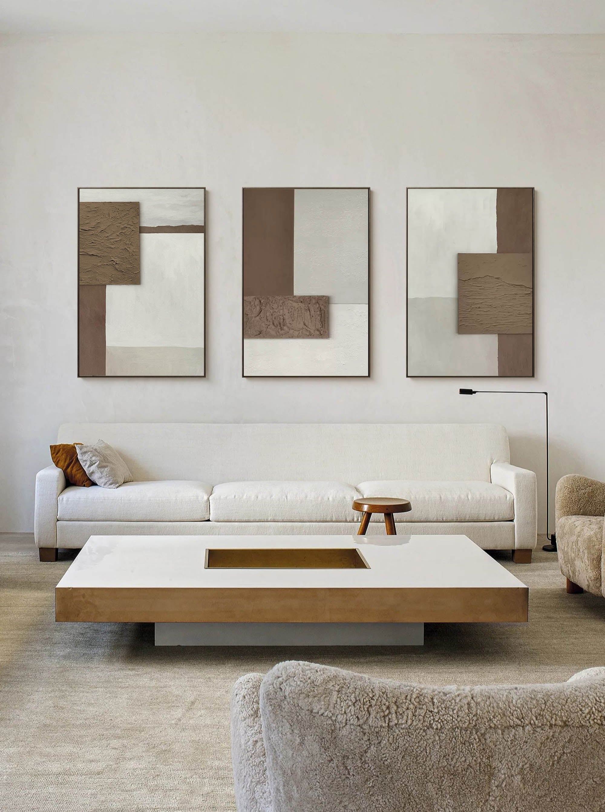 Brown 3D Abstract Painting Set of 3 Brown 3D Wall Art Set of 3 Brown Minimalist Abstract Painting Set of 3
