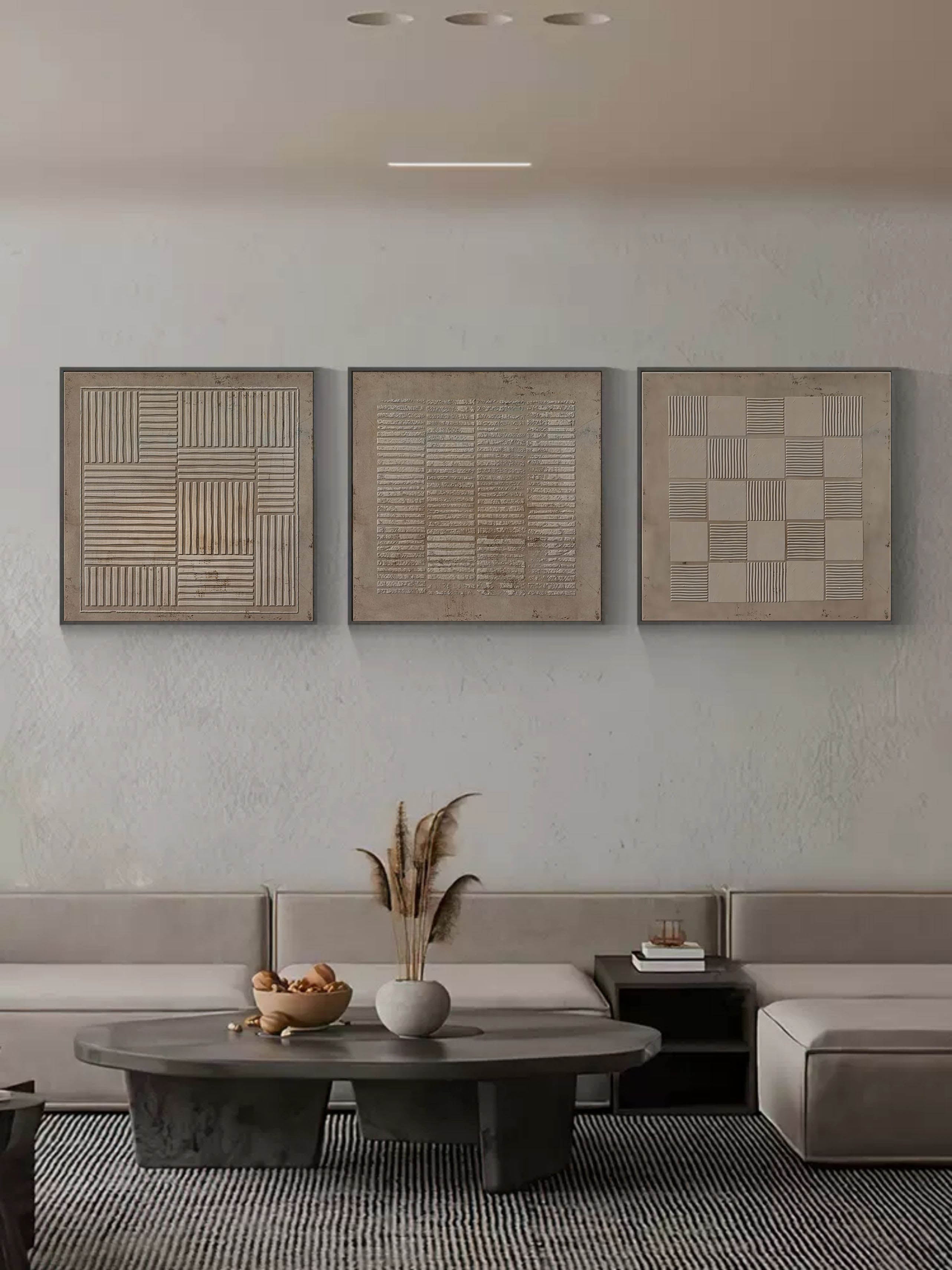 Brown 3D Abstract Art Textured Wall Art Wabi-Sabi Wall Art Minimalist Canvas Painting Set of 3