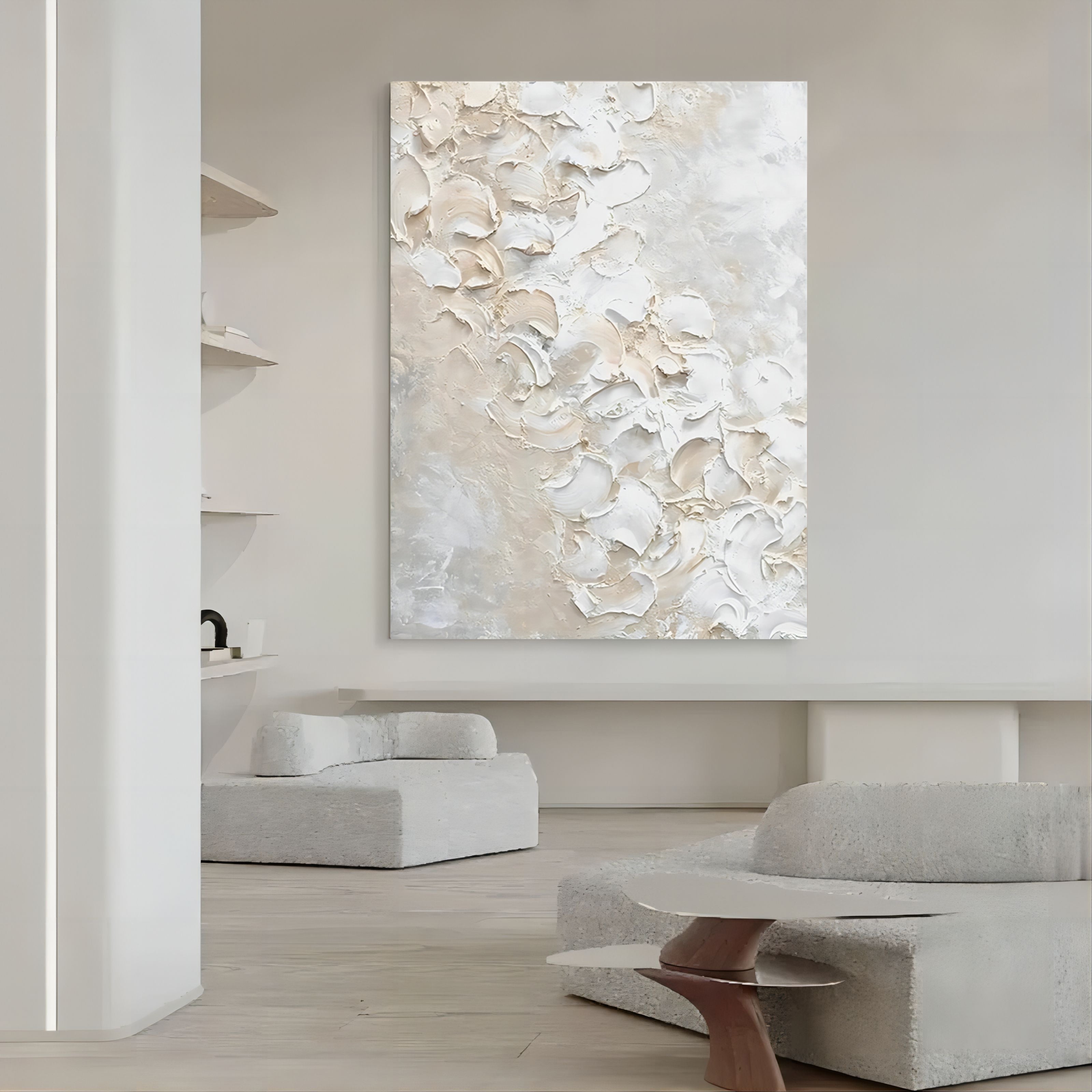 Large Beige 3D Abstract Painting Textured Wall Art Plaster Art On Canvas Knife Acrylic Painting