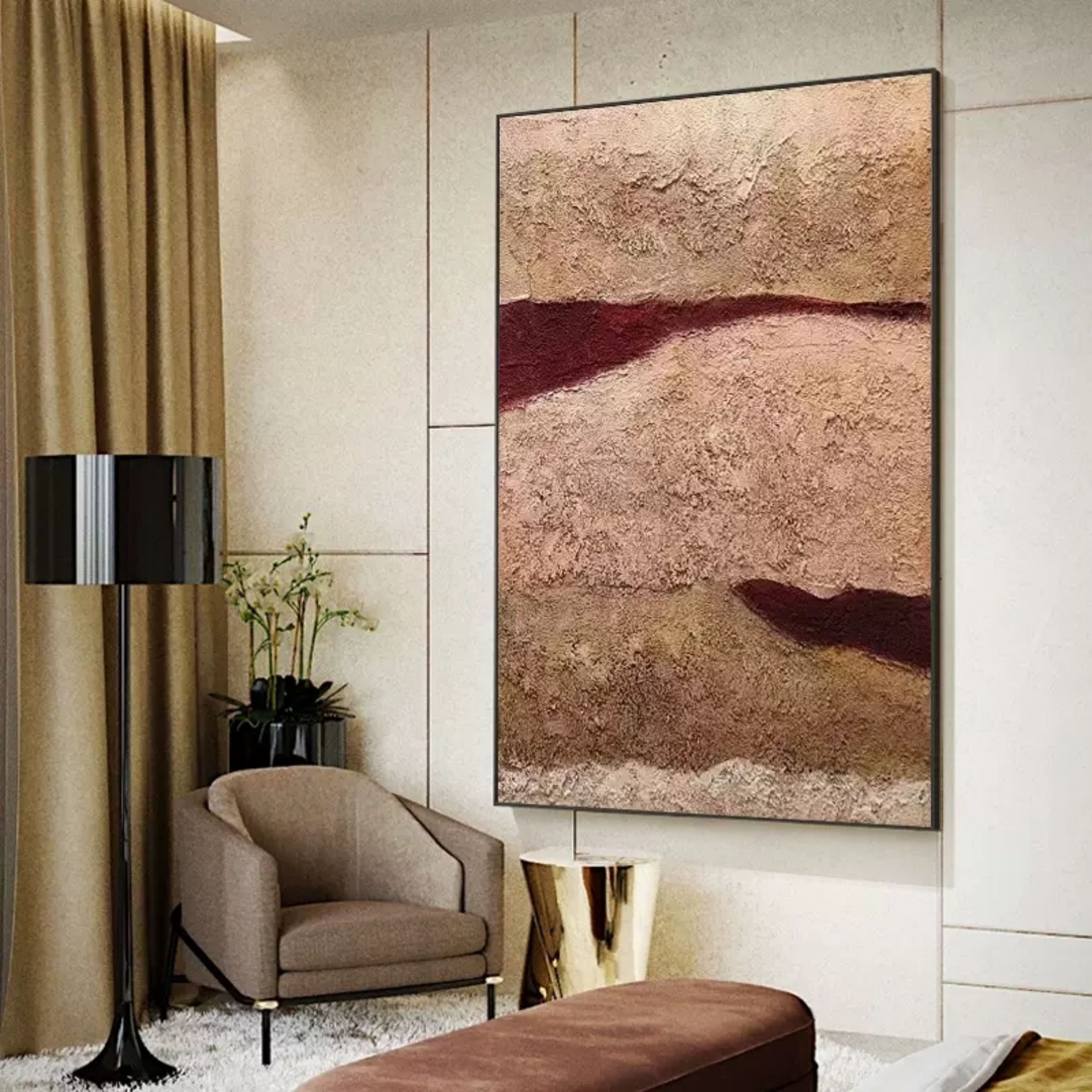 Large Brown 3D Minimalist abstract Art Brown 3D Texture Painting Wabi-Sabi Wall Art 3D Plaster Art