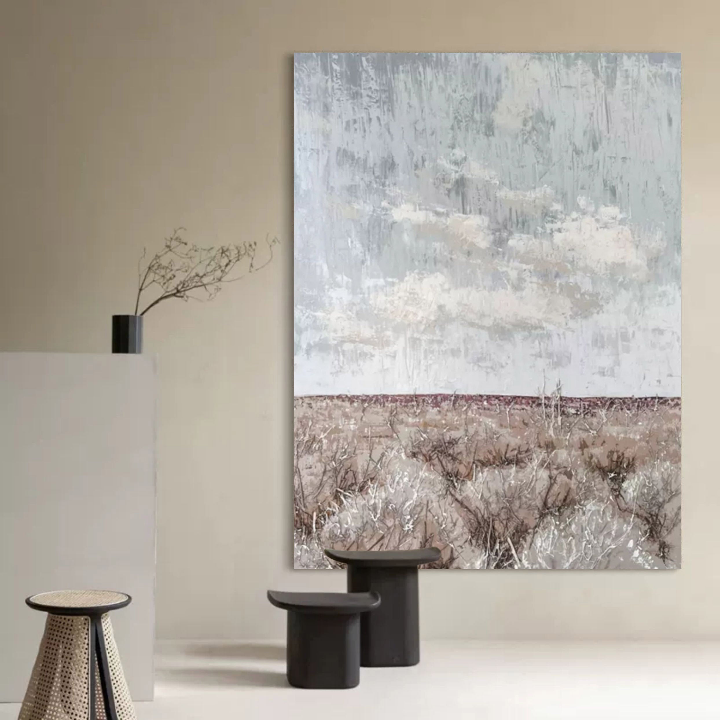 Large Gray 3D Abstract Painting Wabi-Sabi Wall Art Mixed Media Art Gray Textured Wall Decor Painting