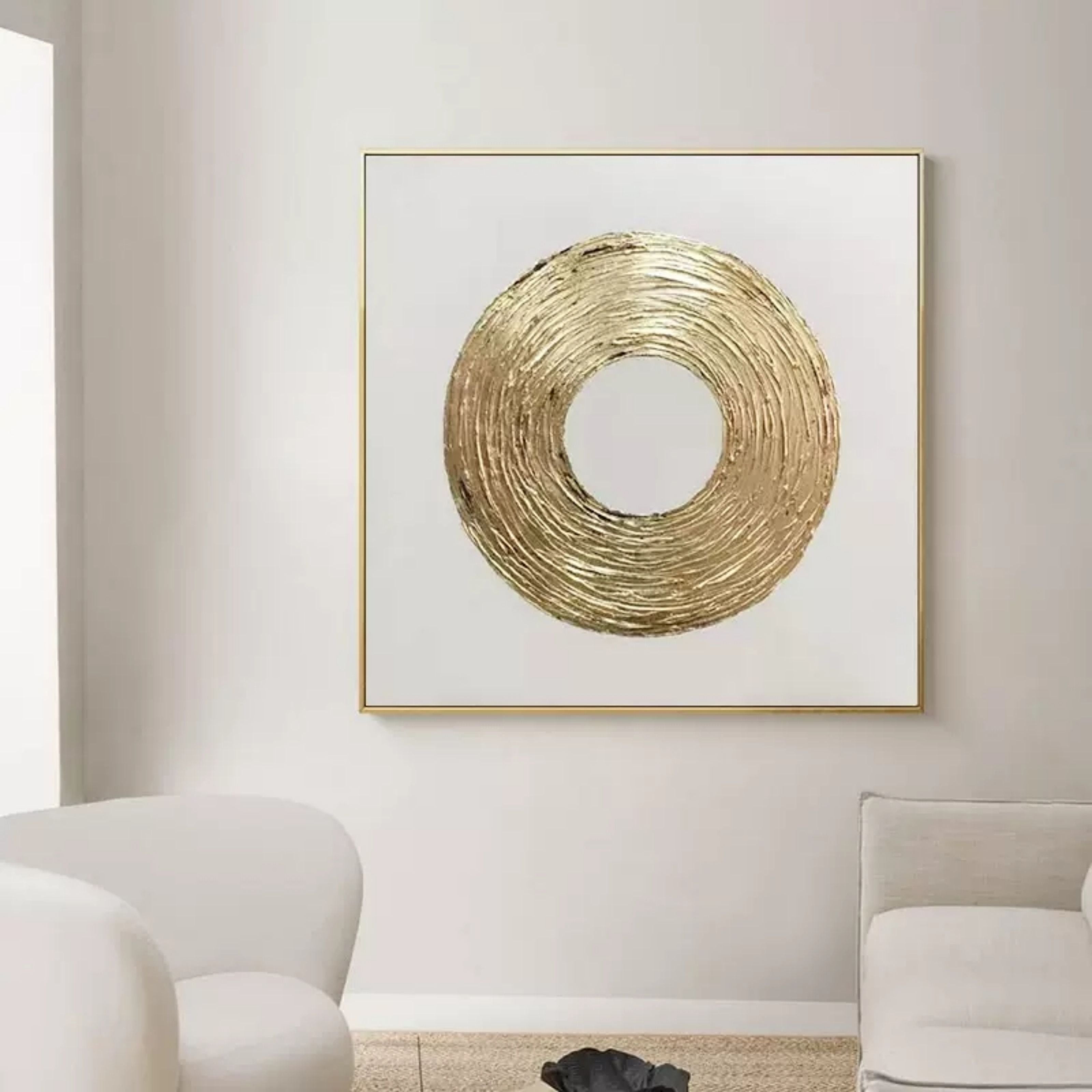 Gold and White 3D Abstract Painting Circle Painting Gold Textured Wall Art Gold Abstract Canvas Art
