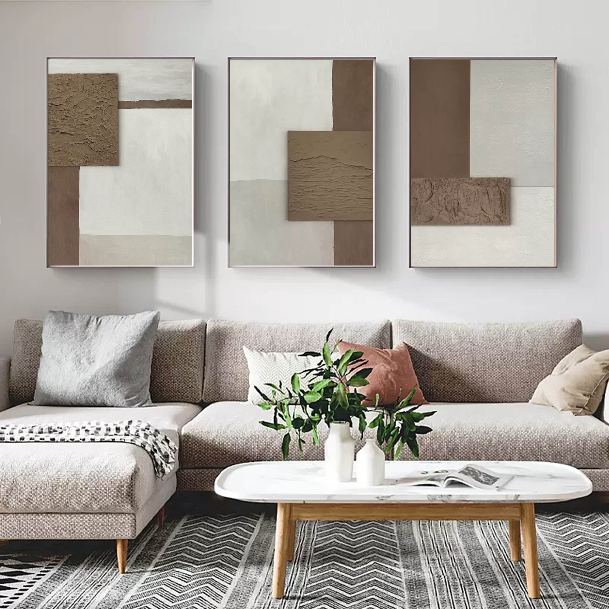 Brown 3D Abstract Painting Set of 3 Brown 3D Wall Art Set of 3 Brown Minimalist Abstract Painting Set of 3