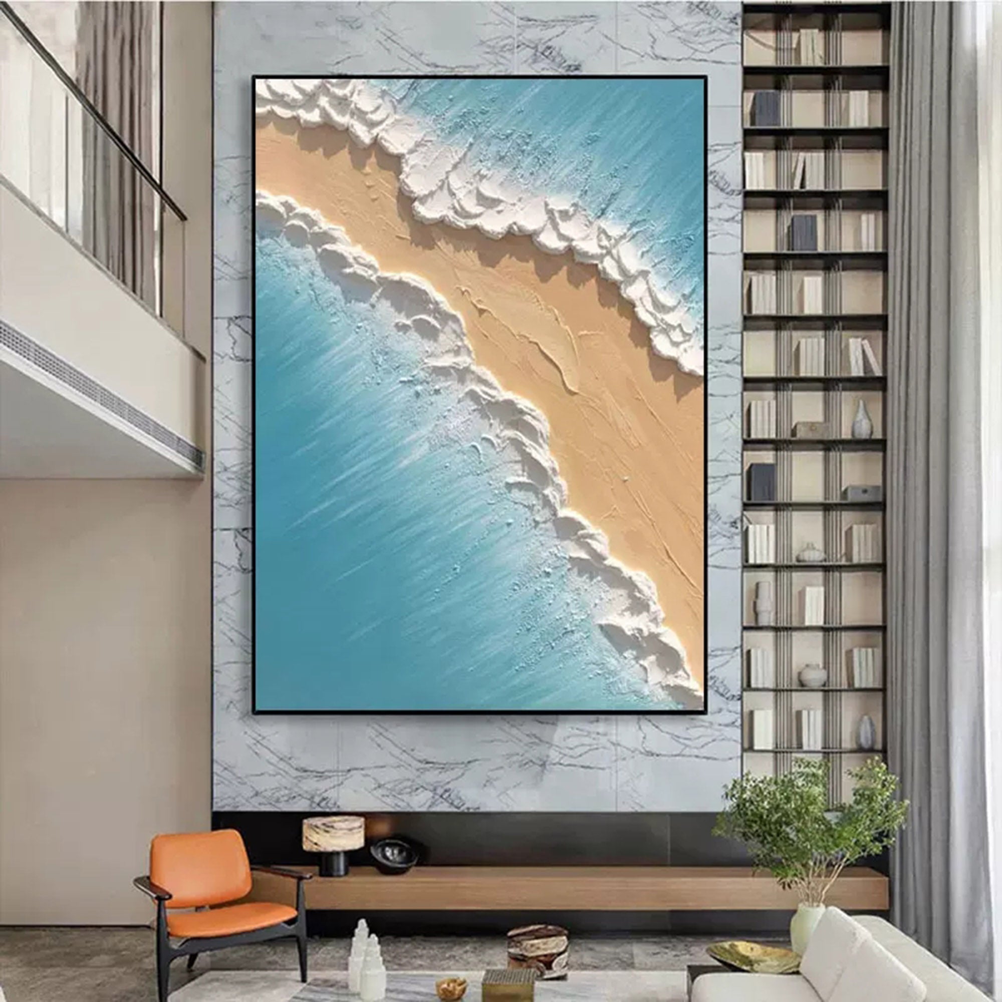 Large Blue 3D Sea Texture Painting on Canvas Texture Wall Art Plaster Wall Art Sea View Room Decor