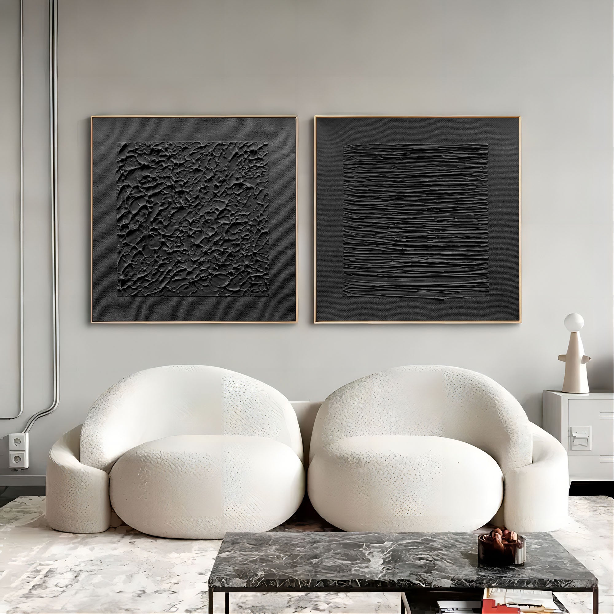 Black 3D Abstract Art Set of 2 Black Textured Wall Decor Painting Set of 2 Black Wabi-Sabi Wall Art Set of 2