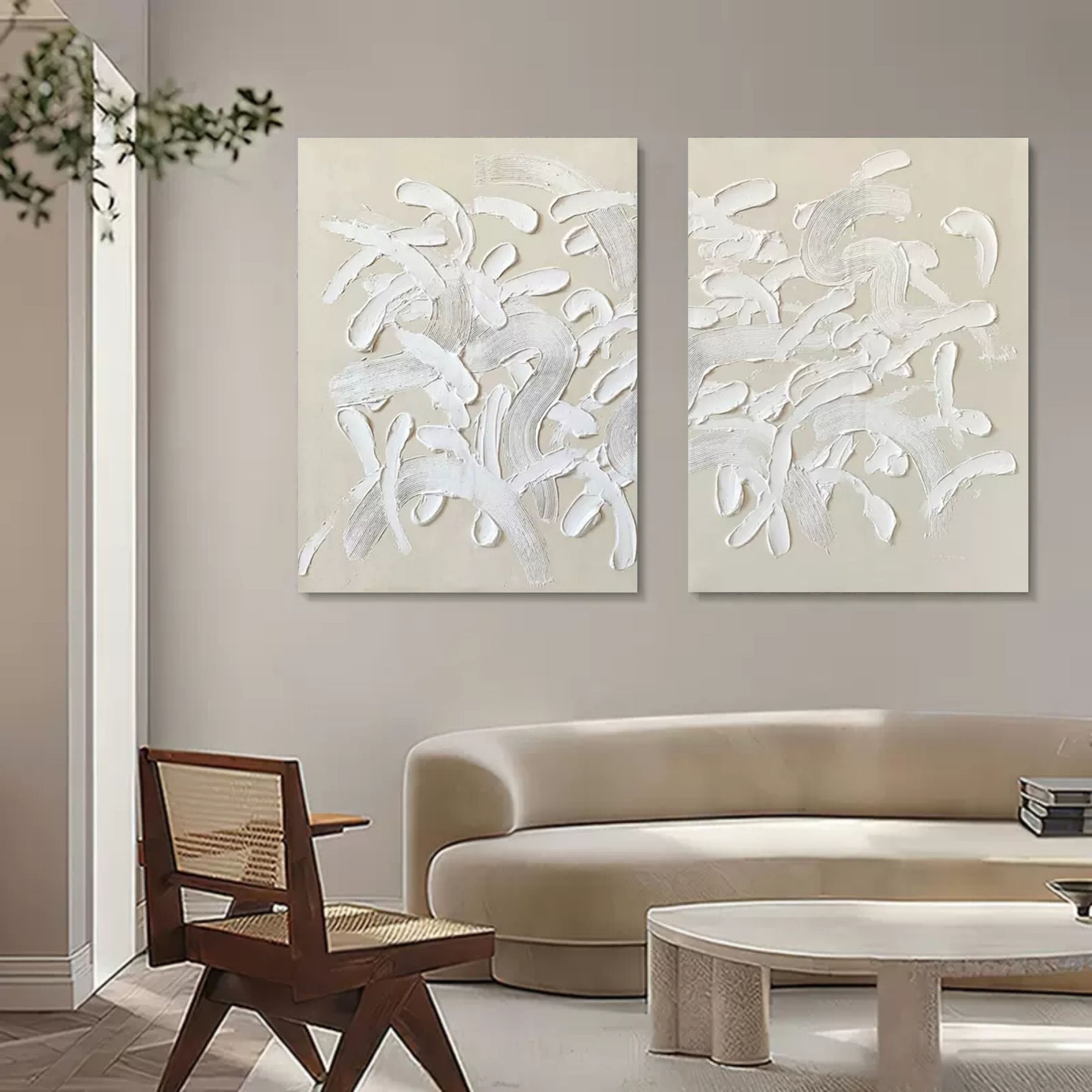 Set of 2 3D Beige Art Canvas Abstract Beige Oil Painting Set of 2 Beige Textured Wall Art Set of 2