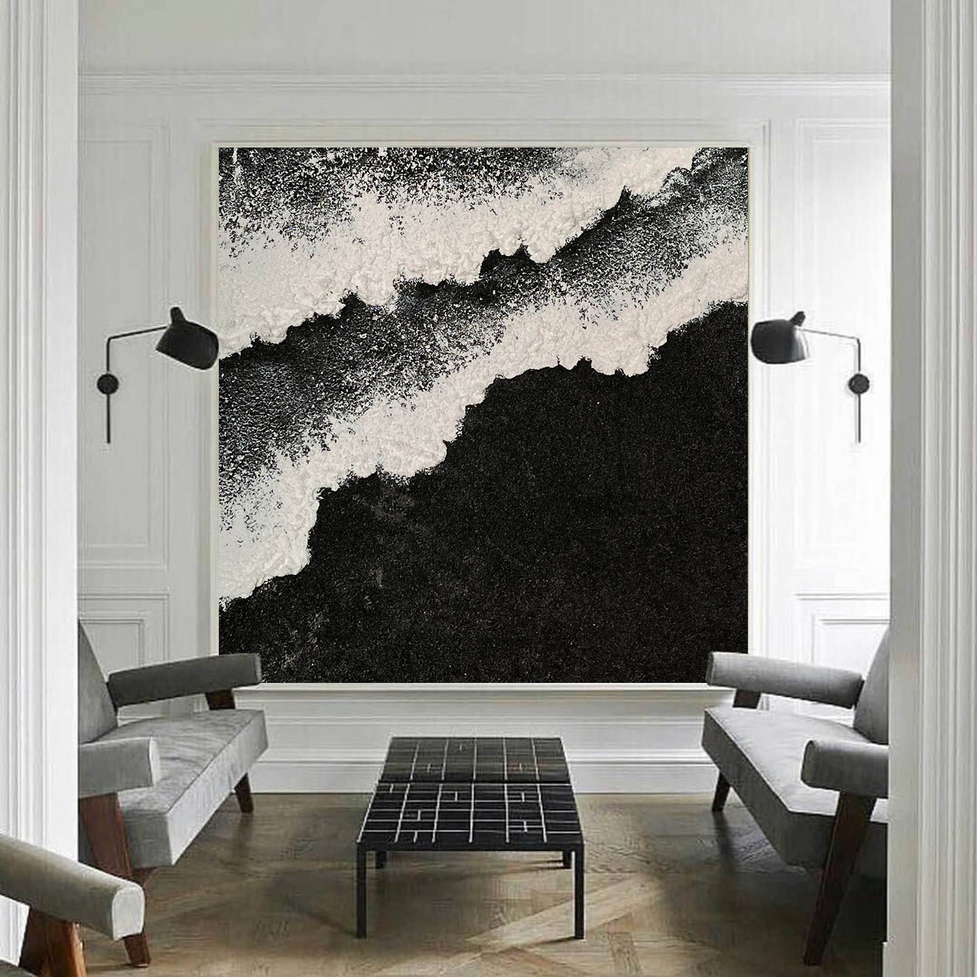 Black and White Beach Ocean Waves Plaster Canvas Art Textured Acrylic Painting Minimalist Art