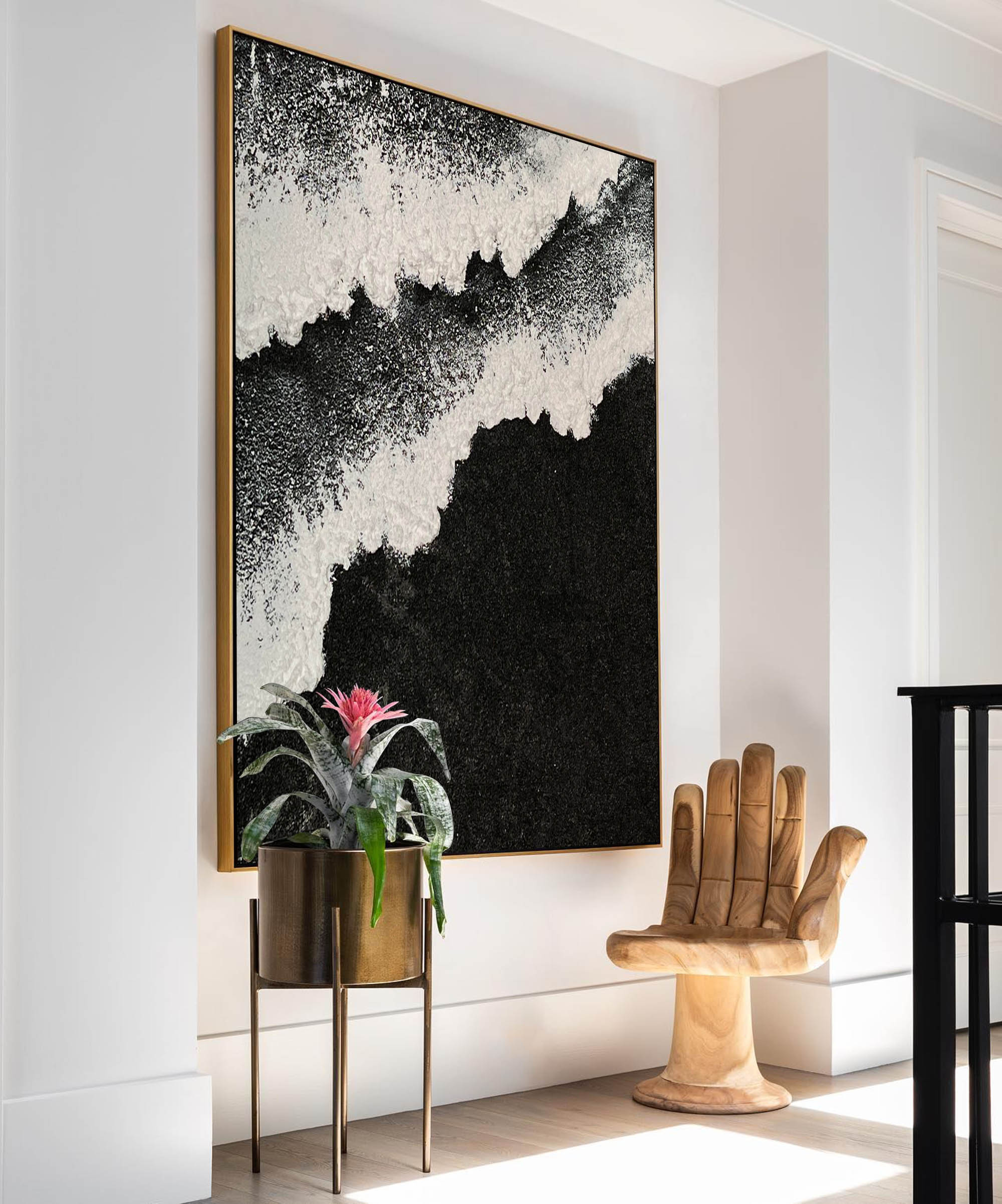 Black and White Beach Ocean Waves Plaster Canvas Art Textured Acrylic Painting Minimalist Art
