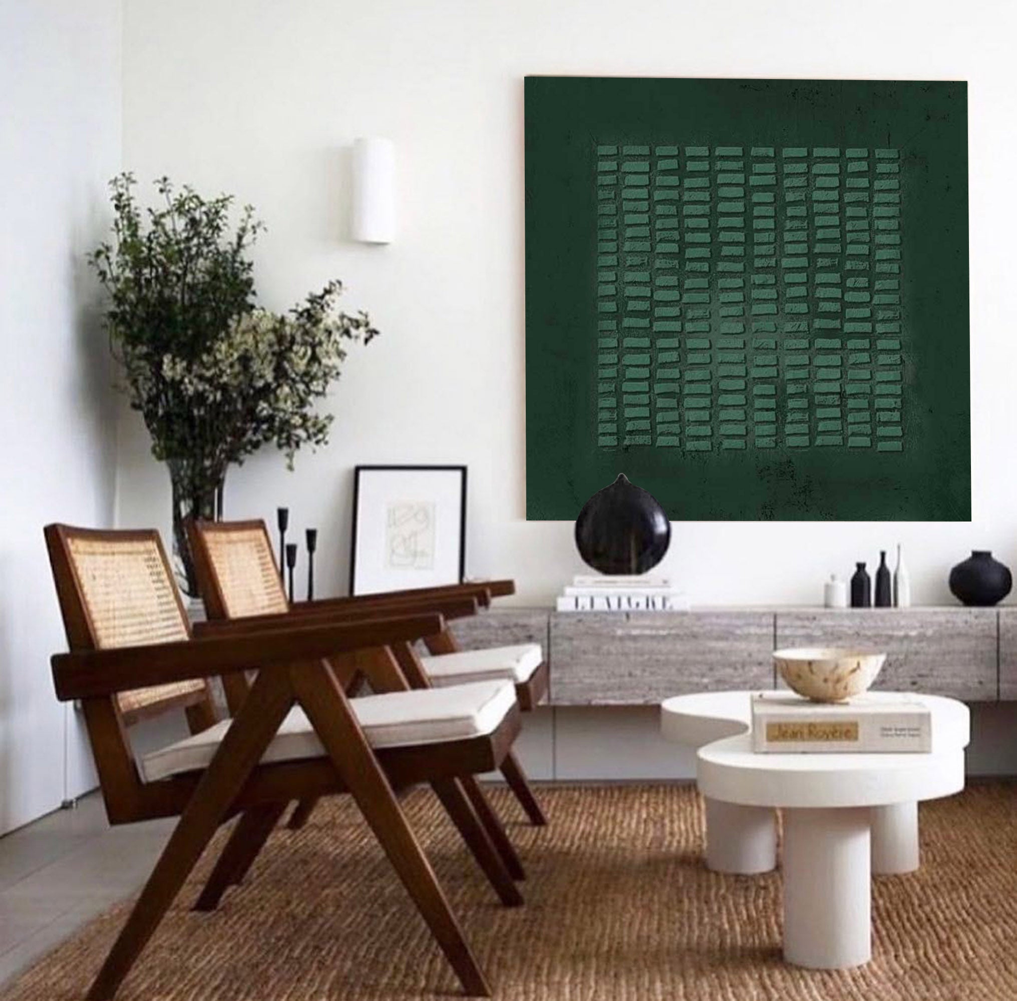 Wabi Sabi Wall Art Green Painting Green Abstract Art Canvas Minimalist Painting 3D Texture Wall Art