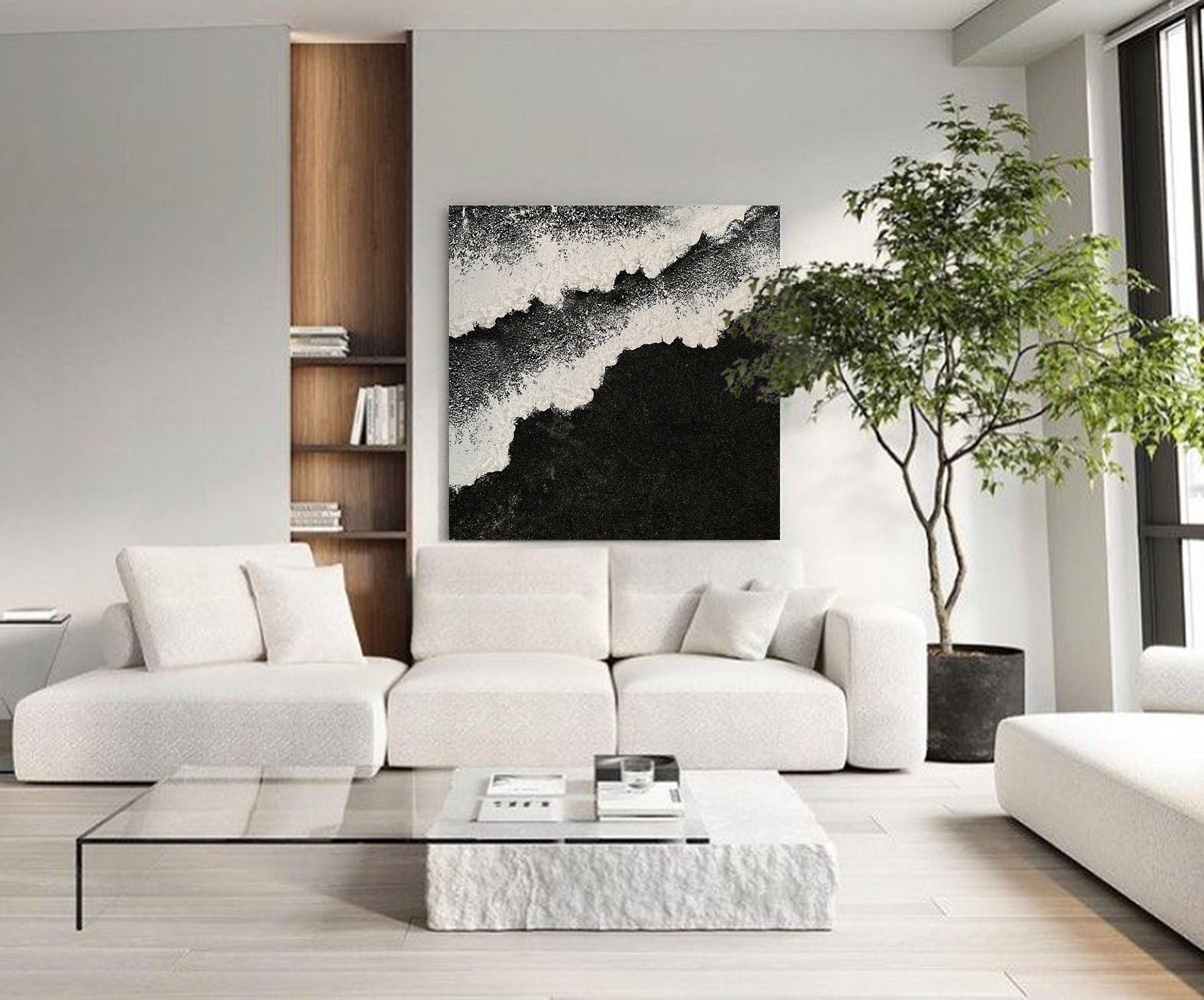 Black and White Beach Ocean Waves Plaster Canvas Art Textured Acrylic Painting Minimalist Art