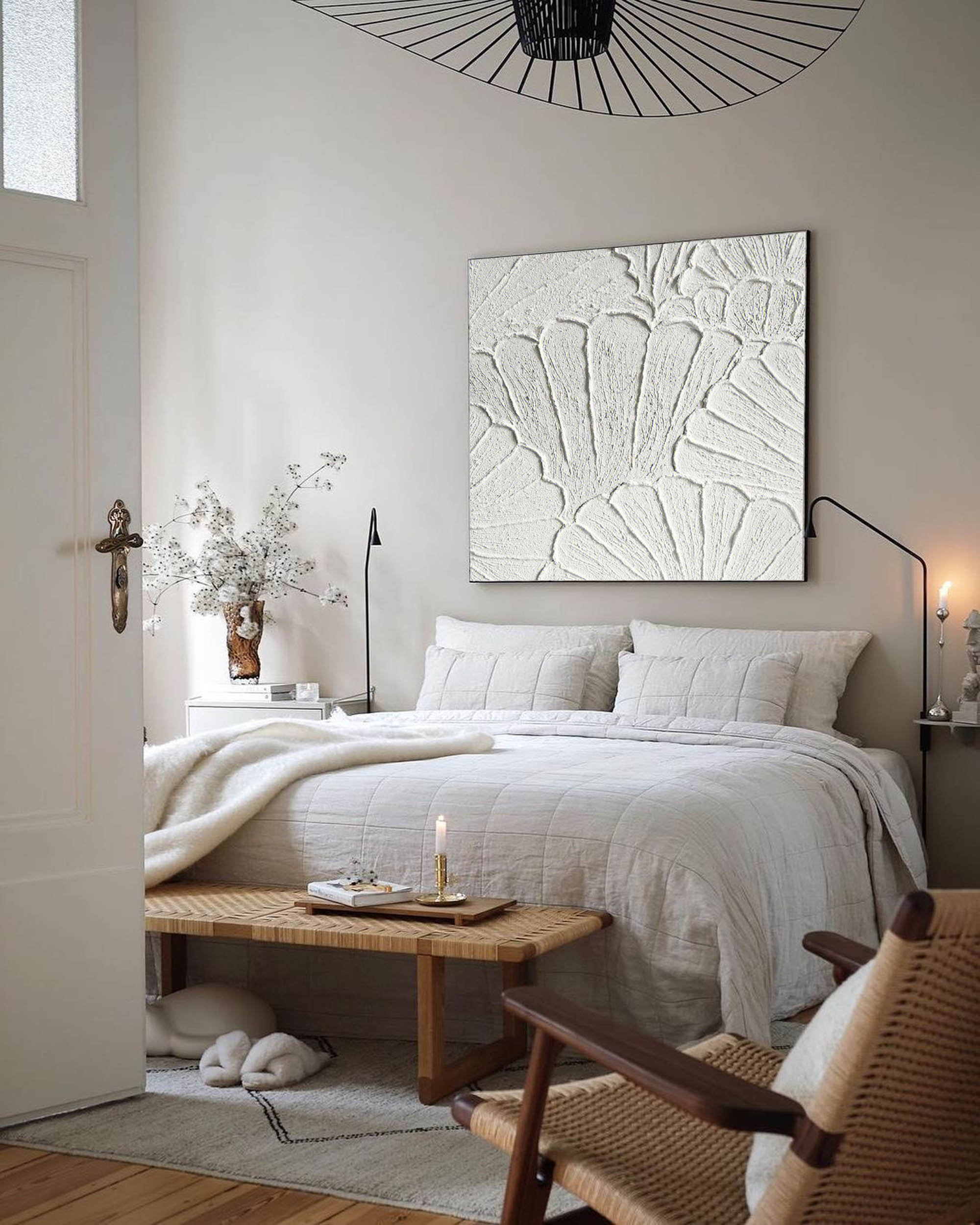White flower petal Textured Canvas painting 3D plaster art White Abstract Minimalist