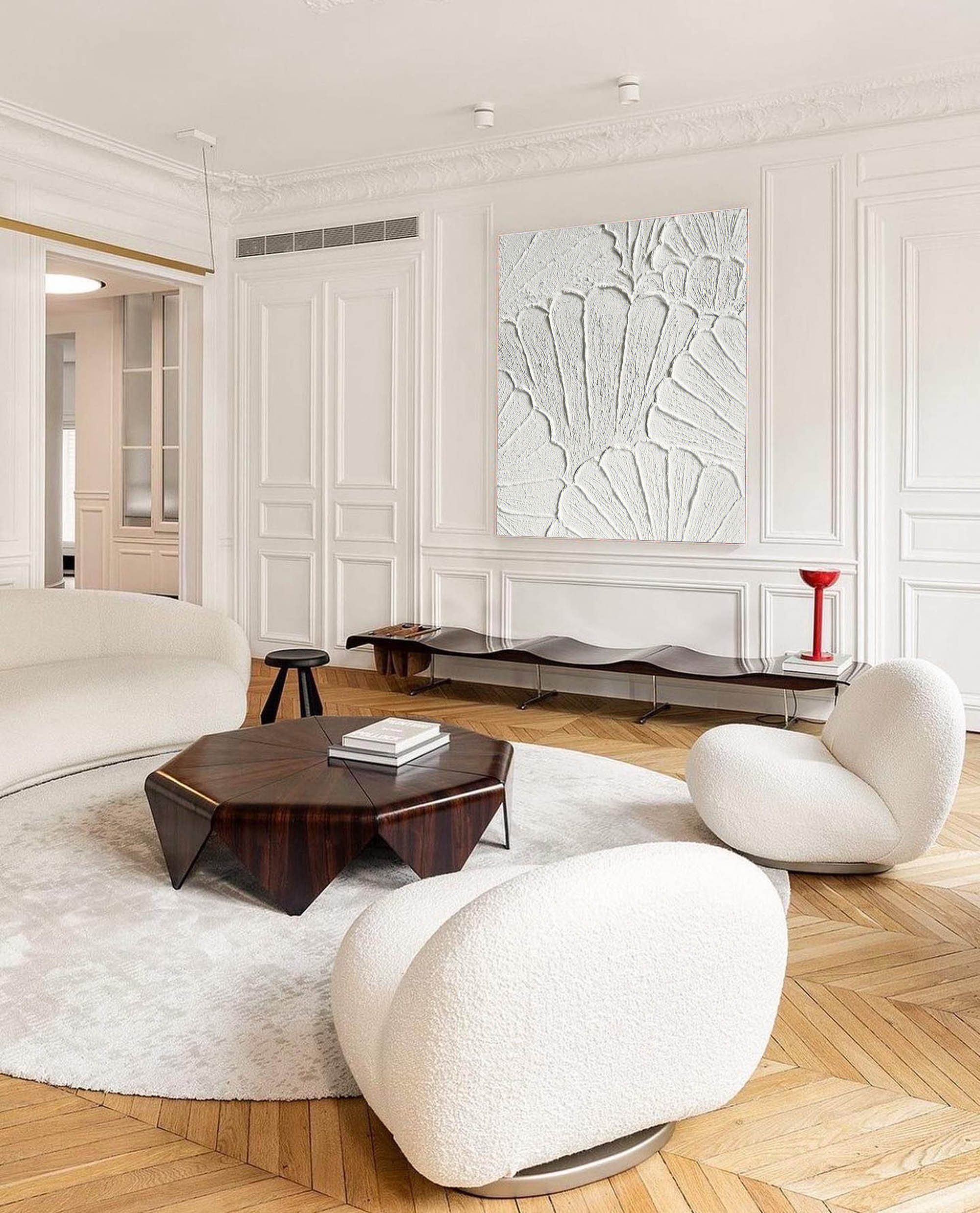 White flower petal Textured Canvas painting 3D plaster art White Abstract Minimalist