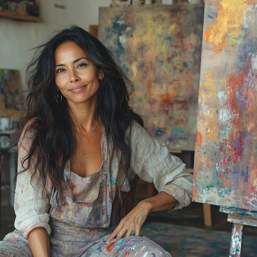 Adah uses these simple colors and geometric elements, and her paintings follow a mature artistic style, with geometric lines highlighting pure blocks of primary colors. 